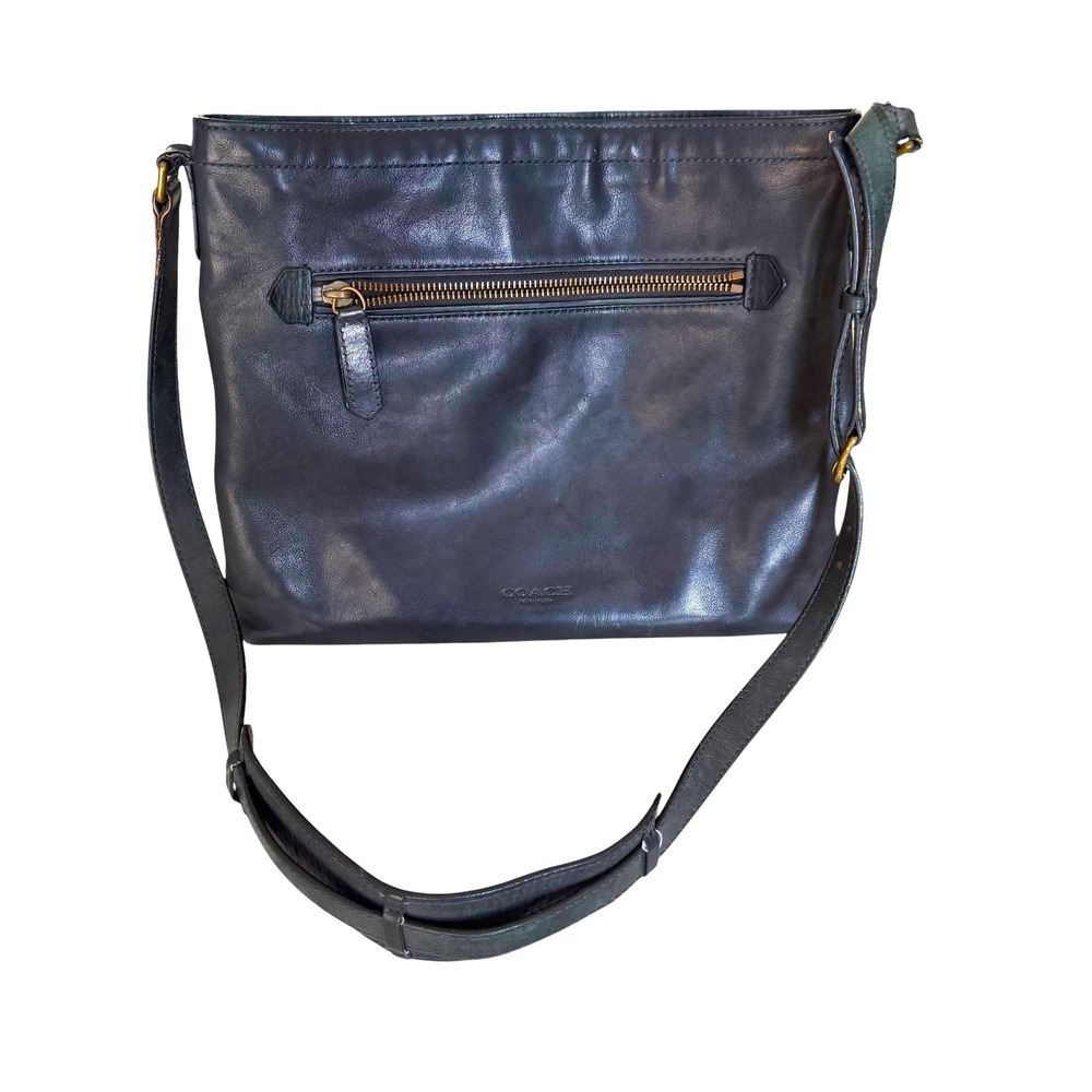Coach Vintage Navy Blue Leather Crossbody Bag Zip Top Messenger Adjustable Strap